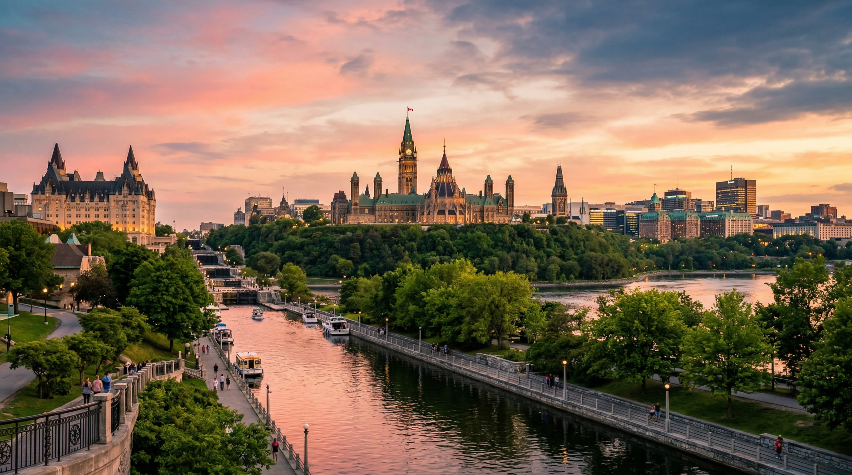 Ottawa skyline at sunset showing Parliament Hill and Rideau Canal